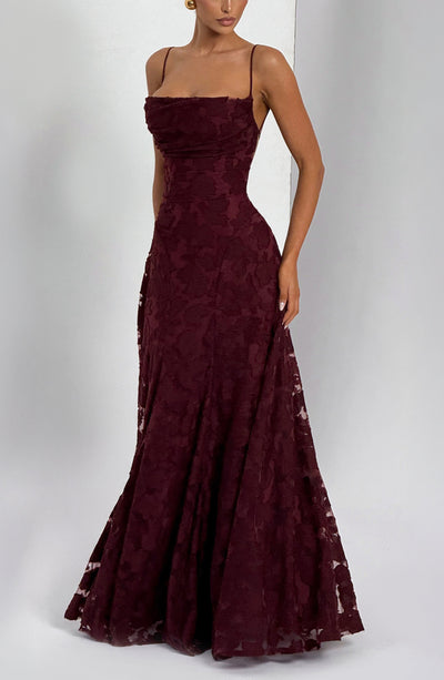 Floral textured evening dress with cowl neckline and flared floor-length skirt - view 13