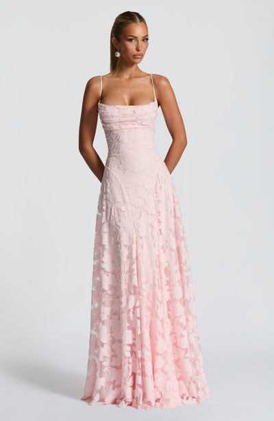 Floral textured evening dress with cowl neckline and flared floor-length skirt - view 16
