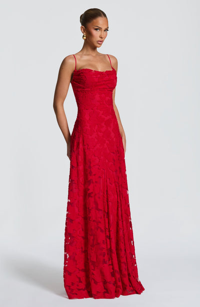 Floral textured evening dress with cowl neckline and flared floor-length skirt - view 17