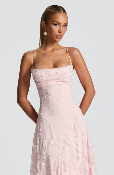 Floral textured evening dress with cowl neckline and flared floor-length skirt - view 19