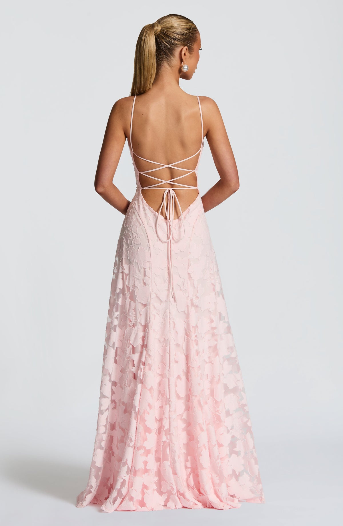Floral textured evening dress with cowl neckline and flared floor-length skirt - view 2