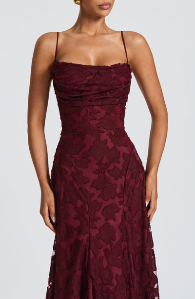 Floral textured evening dress with cowl neckline and flared floor-length skirt - view 21