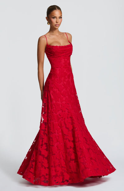 Floral textured evening dress with cowl neckline and flared floor-length skirt - view 22