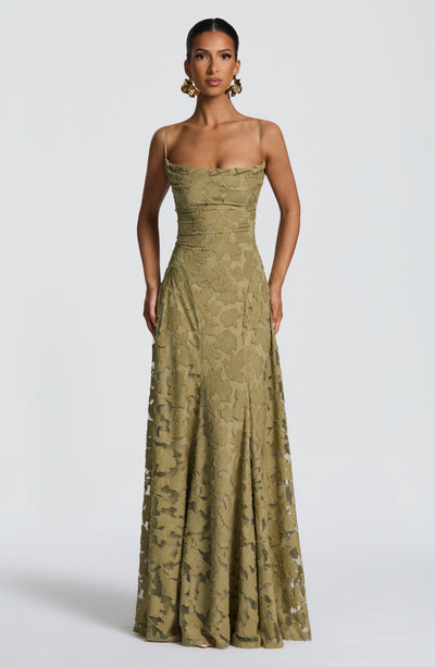 Floral textured evening dress with cowl neckline and flared floor-length skirt - view 23