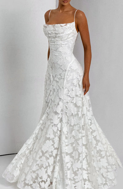 Floral textured evening dress with cowl neckline and flared floor-length skirt - view 25