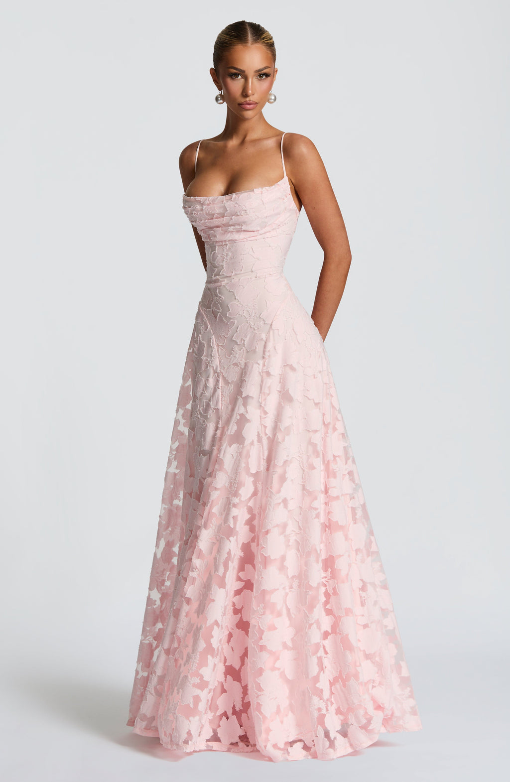 Floral textured evening dress with cowl neckline and flared floor-length skirt - view 3