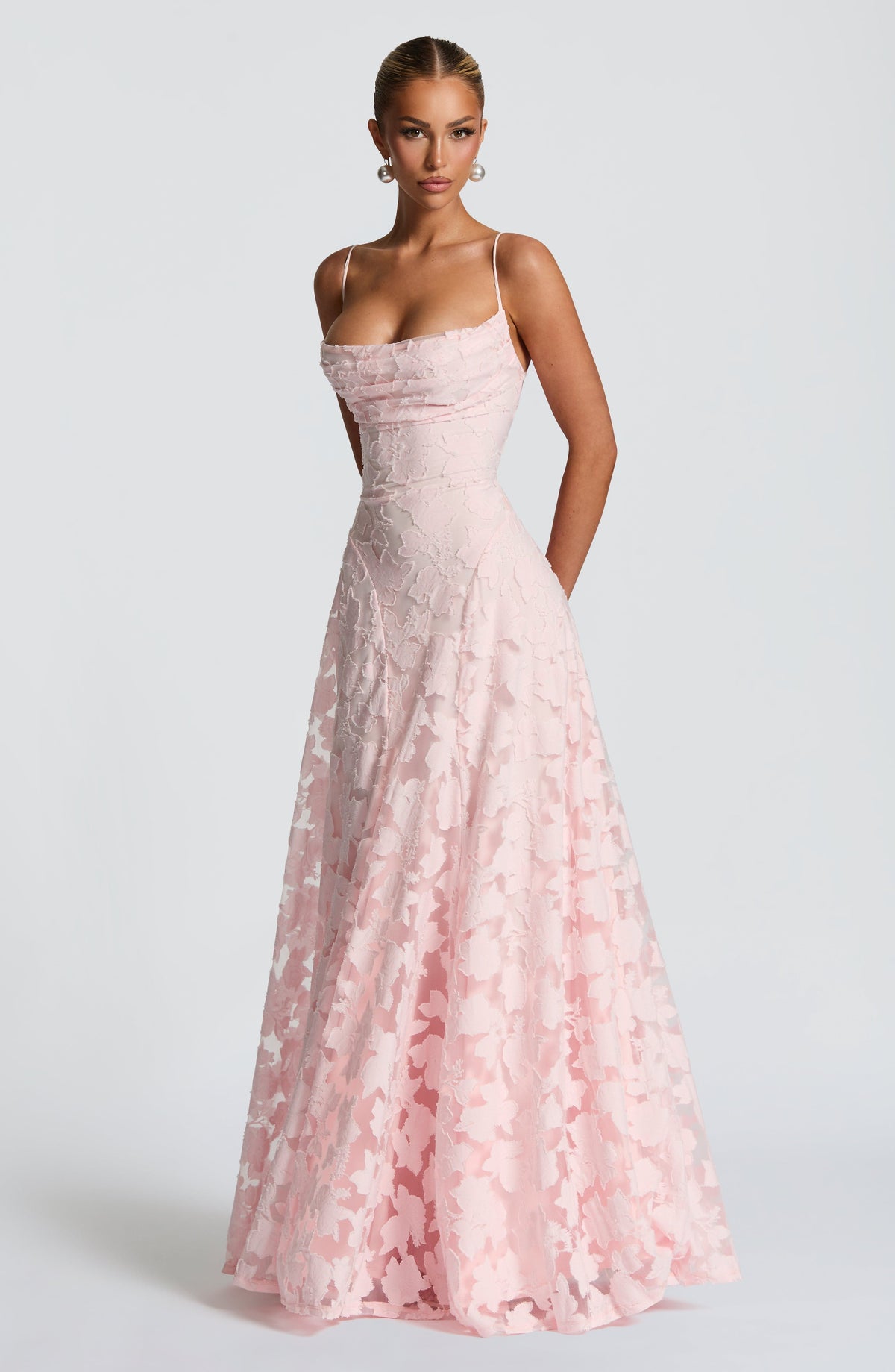 Floral textured evening dress with cowl neckline and flared floor-length skirt - view 3
