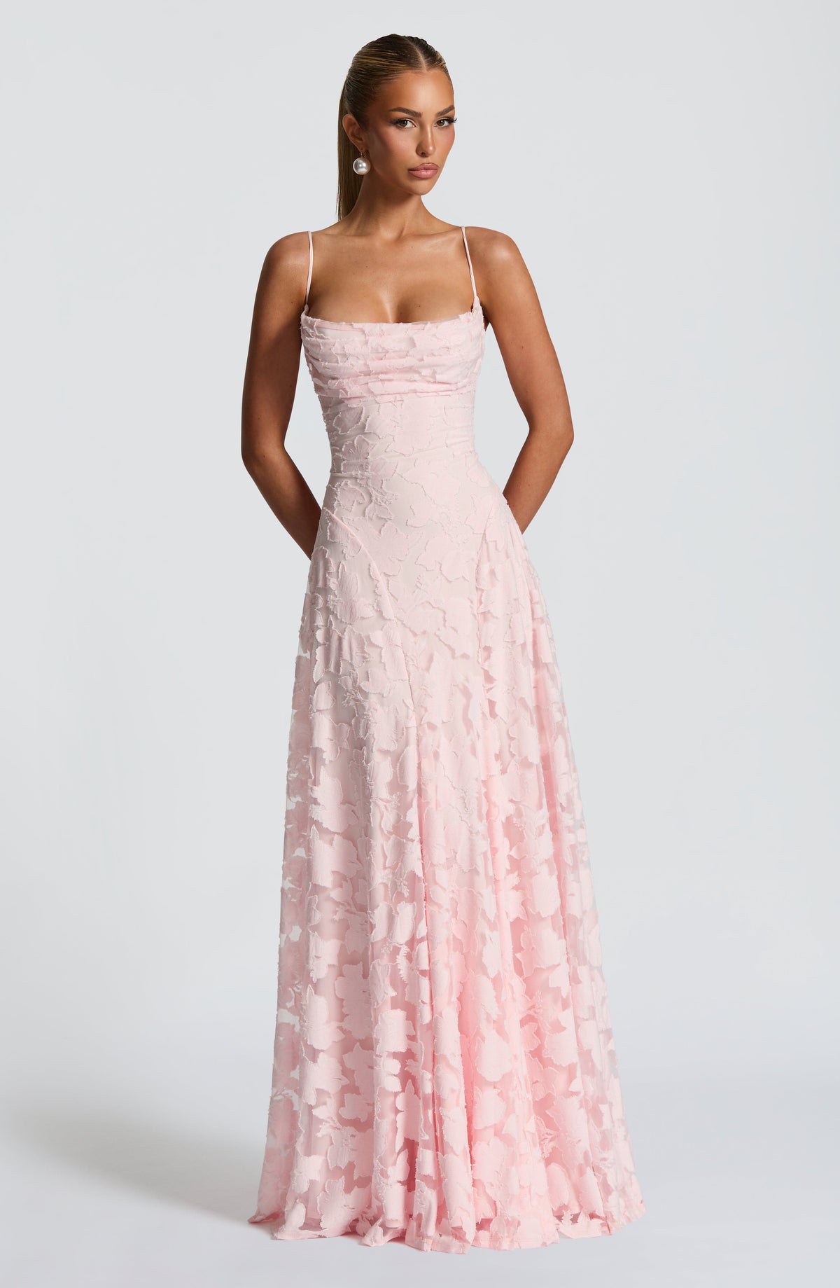 Floral textured evening dress with cowl neckline and flared floor-length skirt - view 4