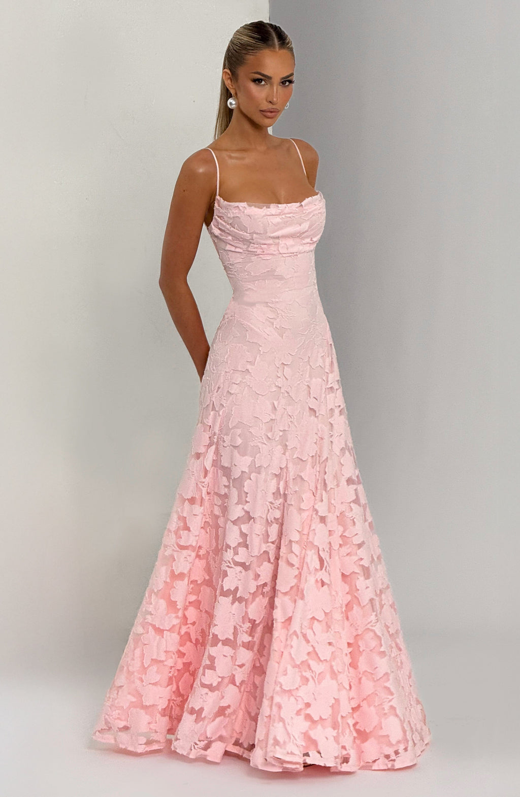 Floral textured evening dress with cowl neckline and flared floor-length skirt - view 5