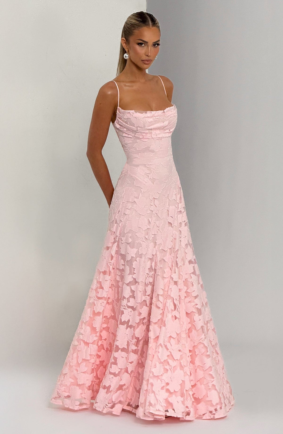 Floral textured evening dress with cowl neckline and flared floor-length skirt - view 5