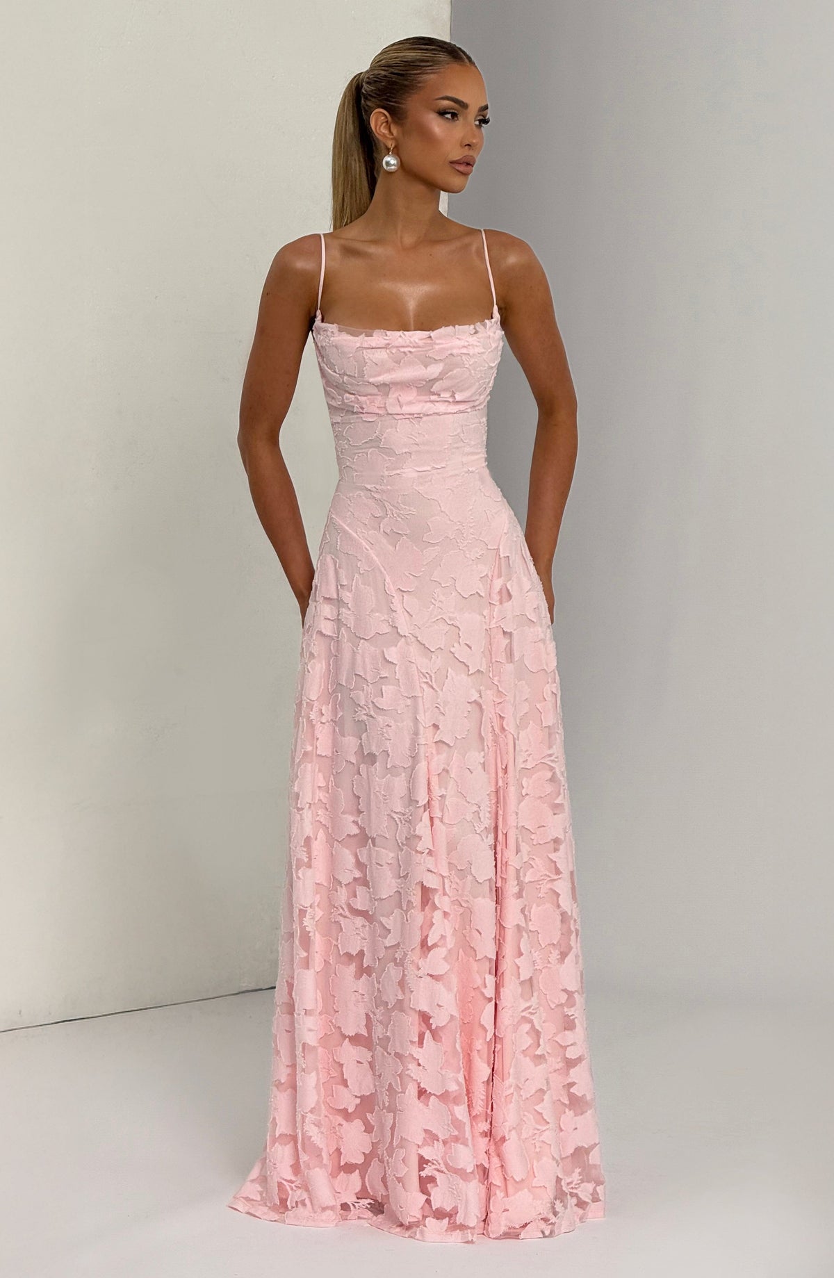 Floral textured evening dress with cowl neckline and flared floor-length skirt - view 6