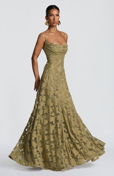 Floral textured evening dress with cowl neckline and flared floor-length skirt - view 8