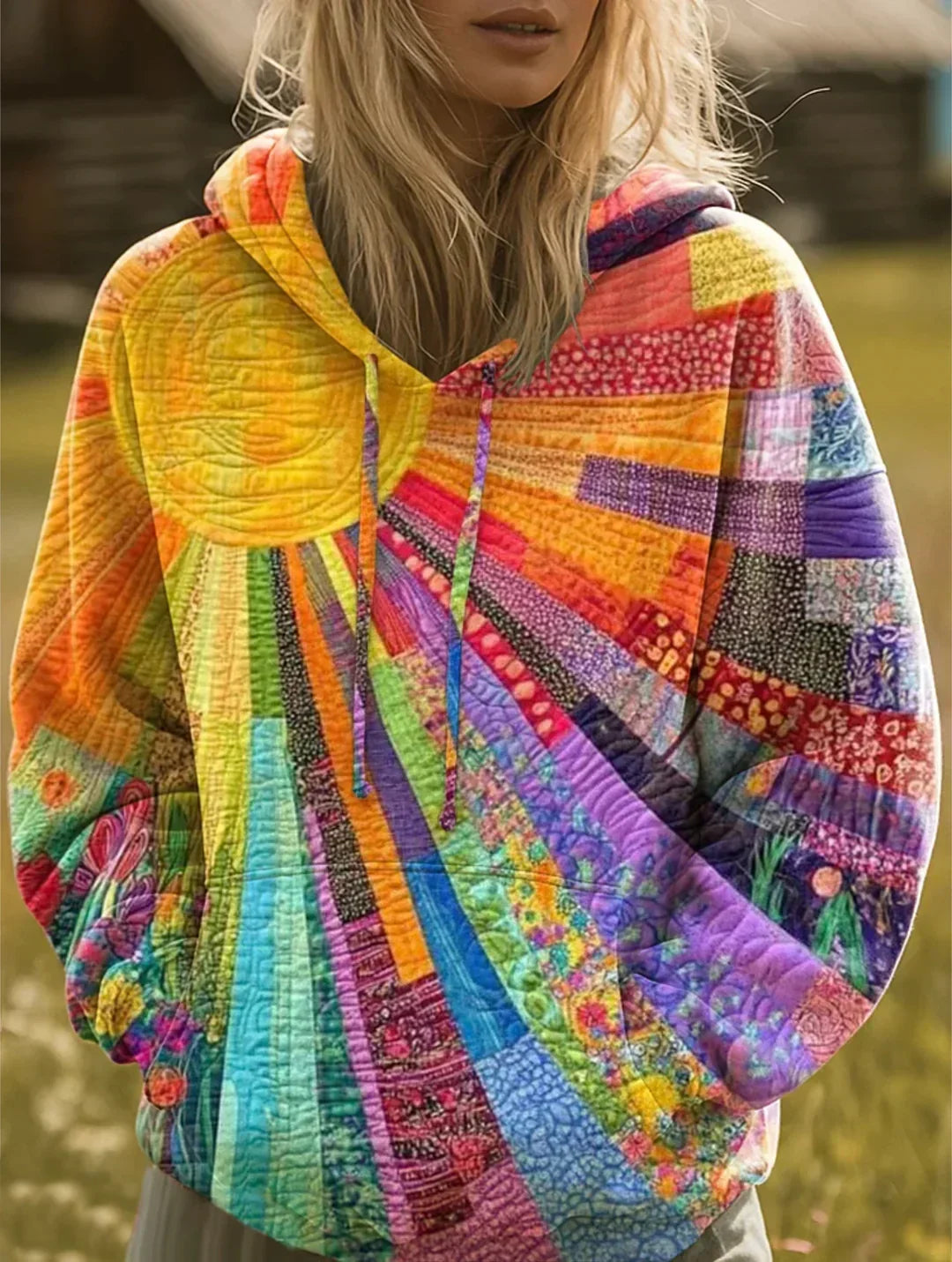Juliette Quilted Patchwork Hooded Sweater - front view