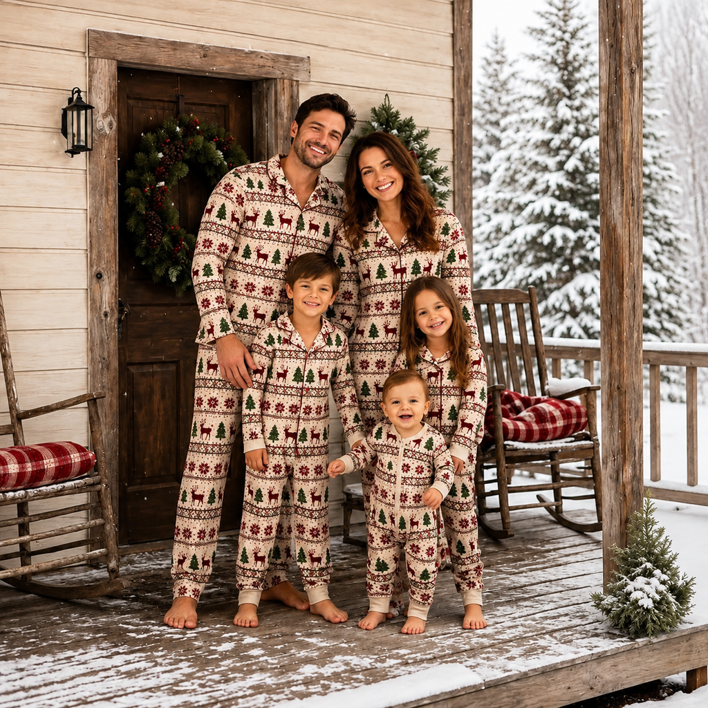 Family holiday pajama set in cream with burgundy reindeer and green trees