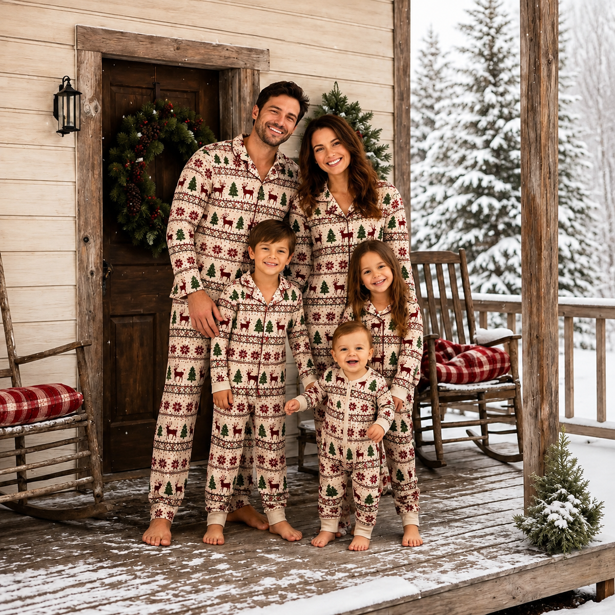 Family holiday pajama set in cream with burgundy reindeer and green trees