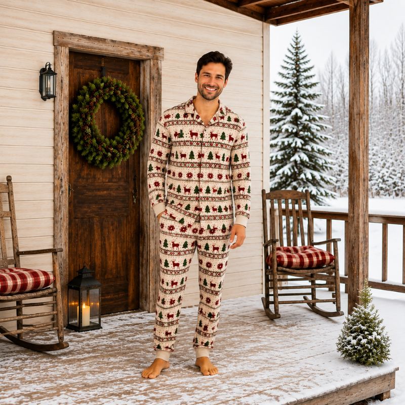 Family holiday pajama set in cream with burgundy reindeer and green trees - view 2