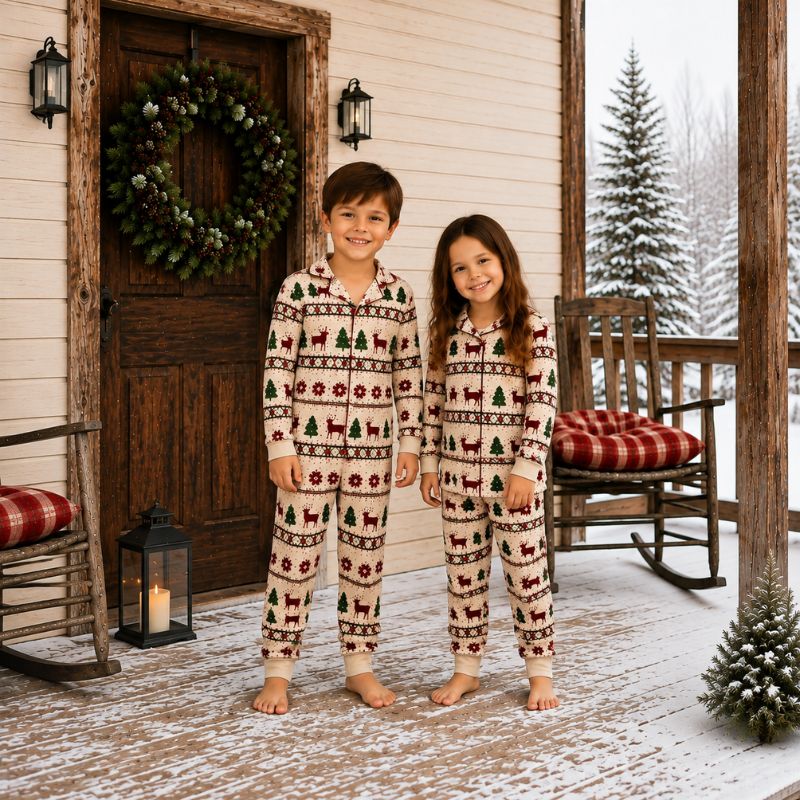 Family holiday pajama set in cream with burgundy reindeer and green trees - view 4