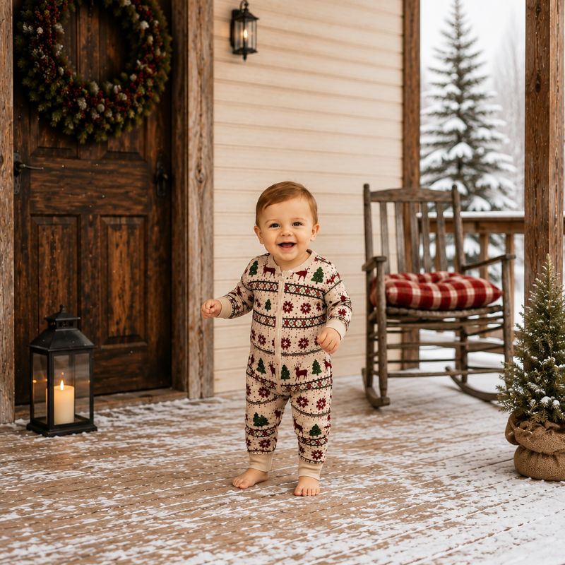Family holiday pajama set in cream with burgundy reindeer and green trees - view 5