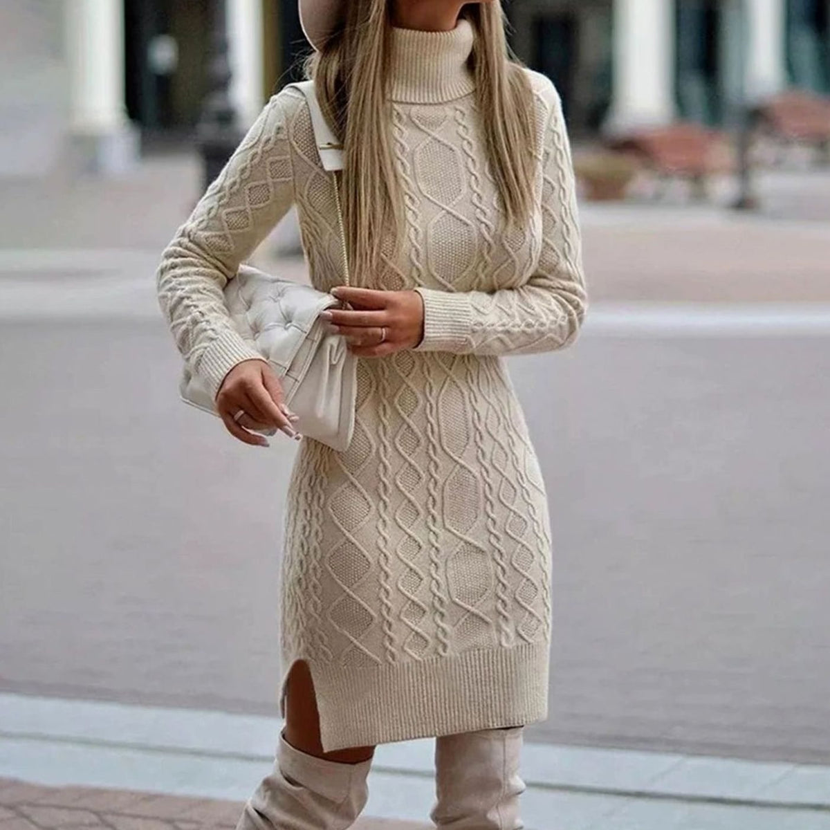 Cable knit turtleneck sweater dress with long sleeves and side slit hem - view 3