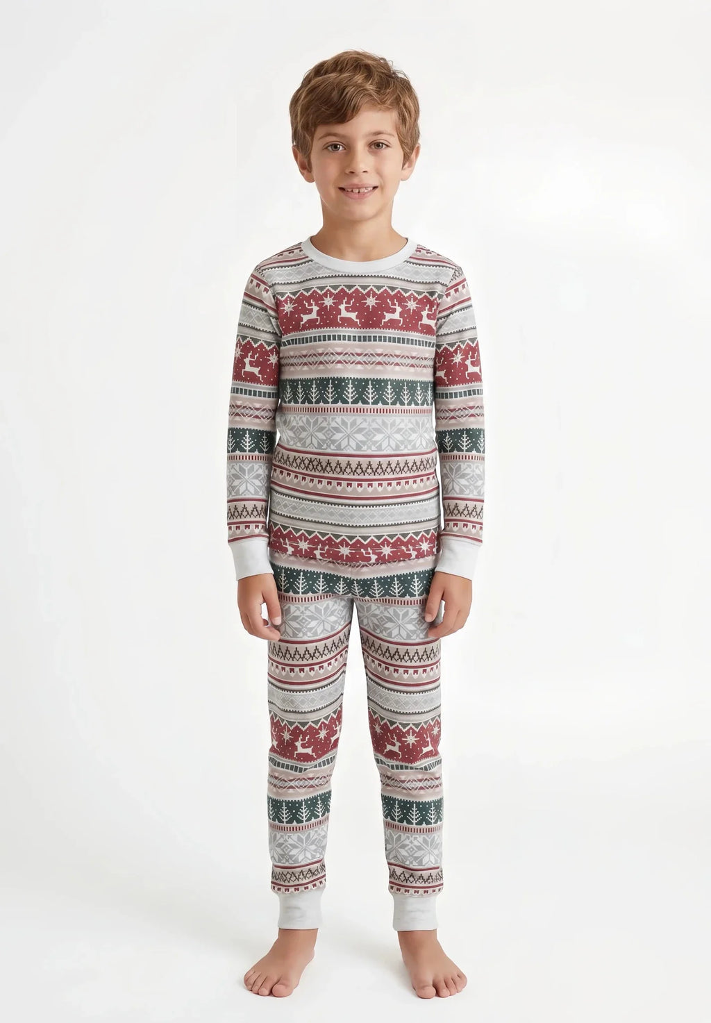 Family wearing matching Fair Isle Christmas pajamas with reindeer and snowflake print and white cuffs - view 10