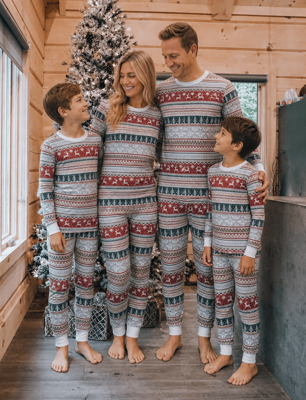 Family wearing matching Fair Isle Christmas pajamas with reindeer and snowflake print and white cuffs - view 2