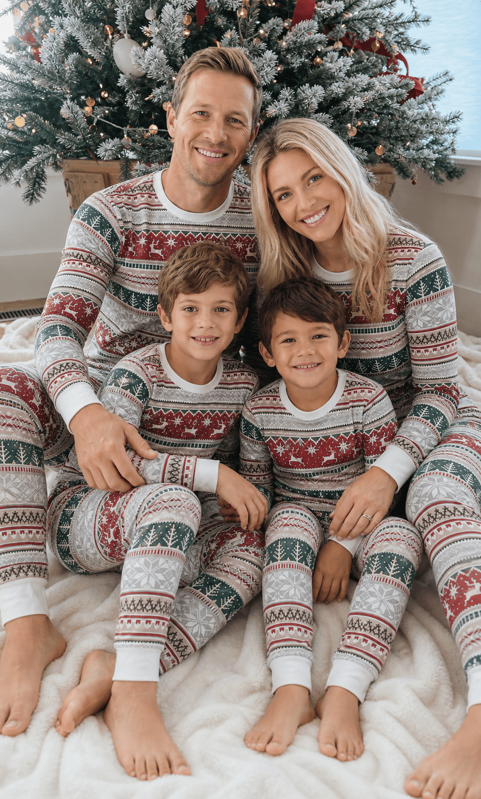 Family wearing matching Fair Isle Christmas pajamas with reindeer and snowflake print and white cuffs - view 3