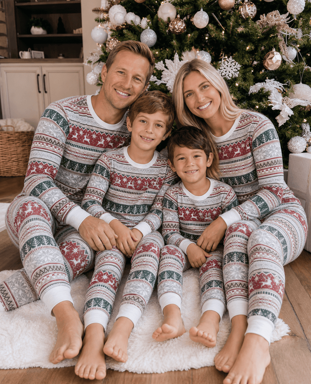 Family wearing matching Fair Isle Christmas pajamas with reindeer and snowflake print and white cuffs - view 4