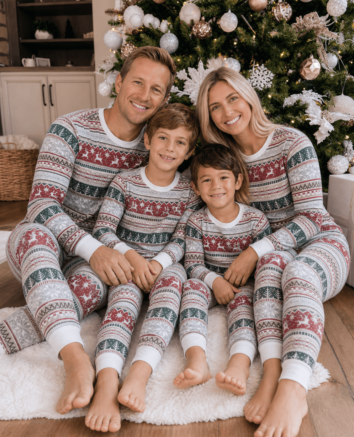 Family wearing matching Fair Isle Christmas pajamas with reindeer and snowflake print and white cuffs - view 4