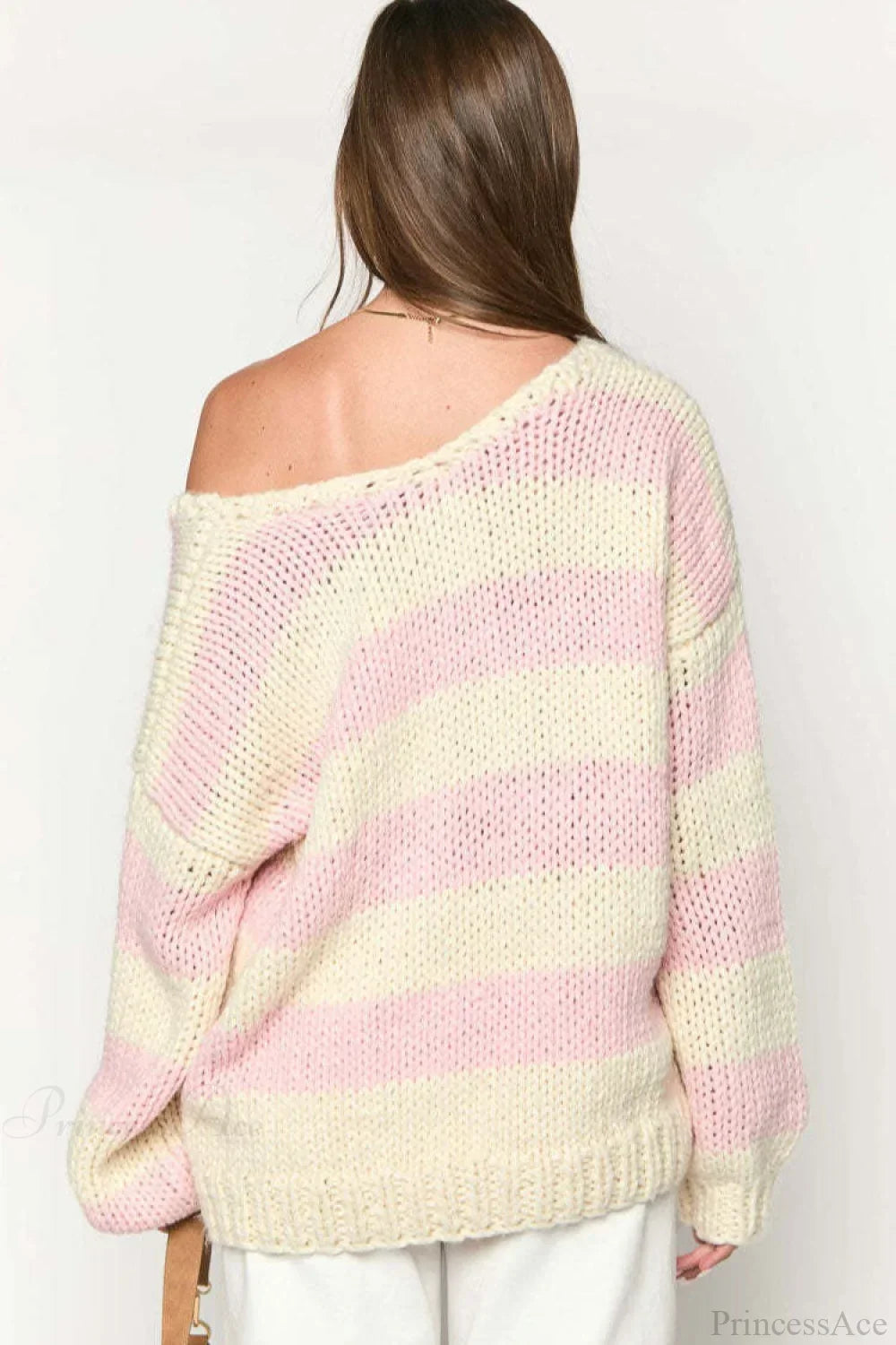 Oversized striped chunky knit off the shoulder sweater with balloon sleeves - view 13