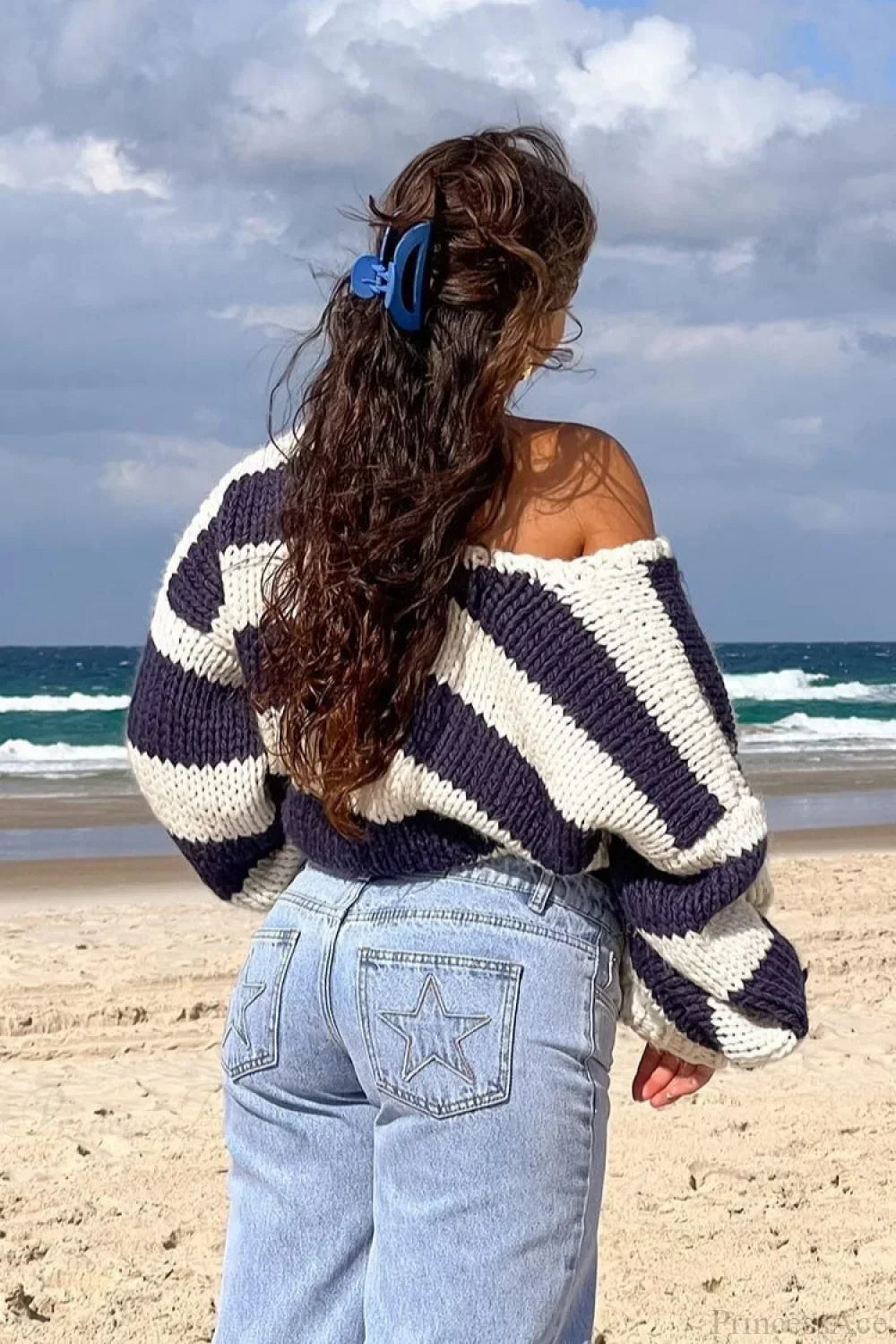 Oversized striped chunky knit off the shoulder sweater with balloon sleeves - view 2