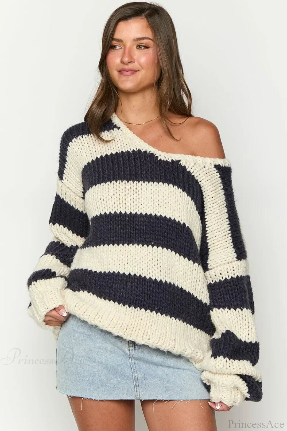 Oversized striped chunky knit off the shoulder sweater with balloon sleeves - view 3