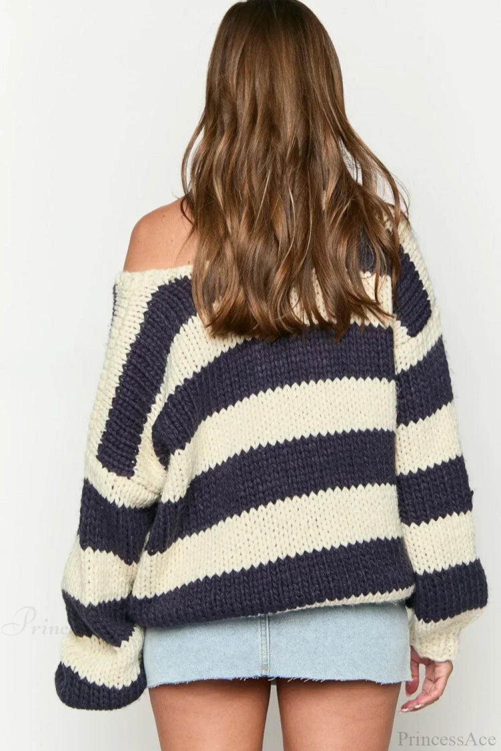 Oversized striped chunky knit off the shoulder sweater with balloon sleeves - view 4