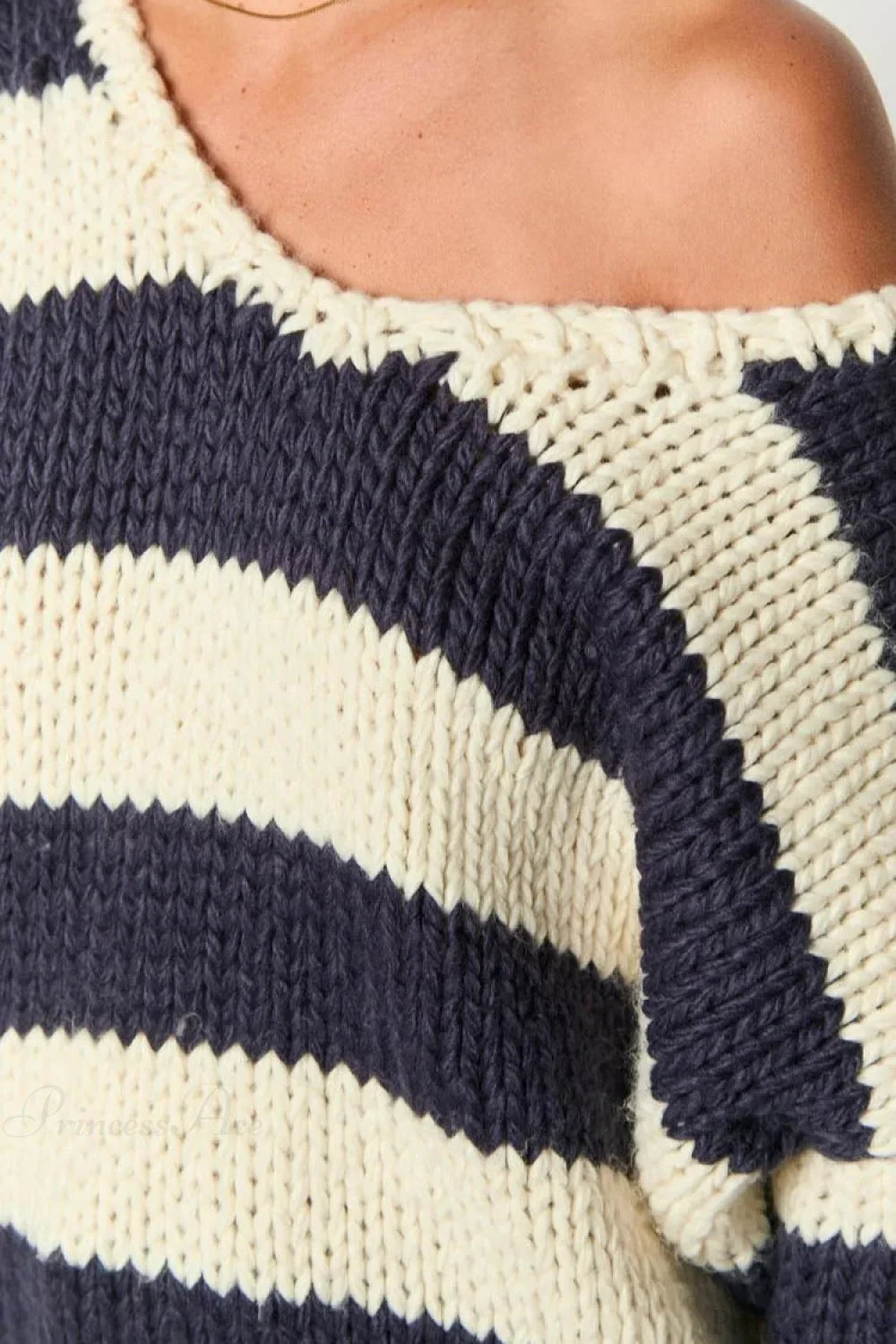 Oversized striped chunky knit off the shoulder sweater with balloon sleeves - view 5