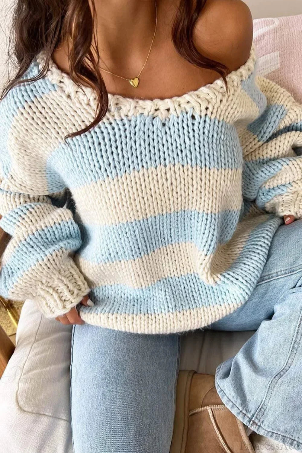 Oversized striped chunky knit off the shoulder sweater with balloon sleeves - view 6