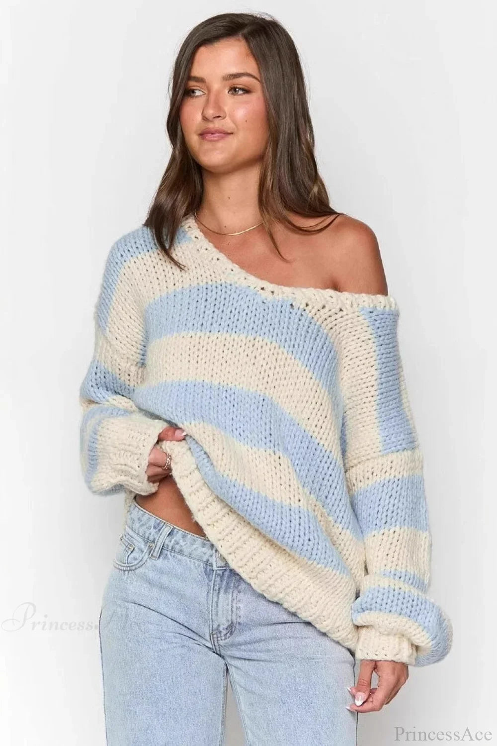 Oversized striped chunky knit off the shoulder sweater with balloon sleeves - view 7
