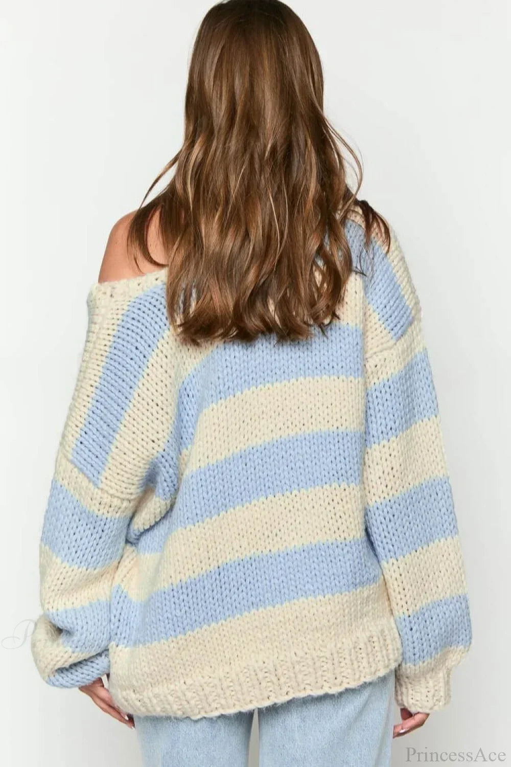 Oversized striped chunky knit off the shoulder sweater with balloon sleeves - view 9