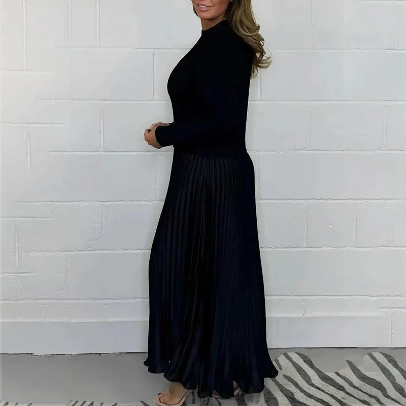 Ribbed knit sweater dress with long sleeves and satin-look pleated skirt - view 13