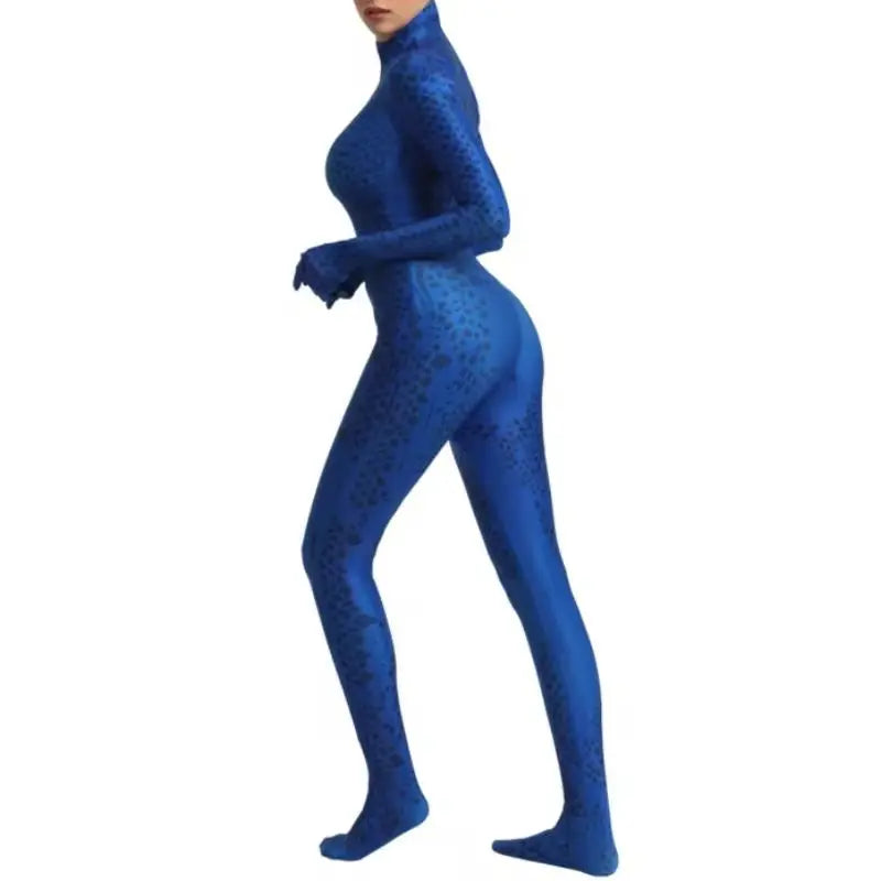 Woman wearing a blue full body Halloween costume bodysuit with navy scale print, attached gloves and feet