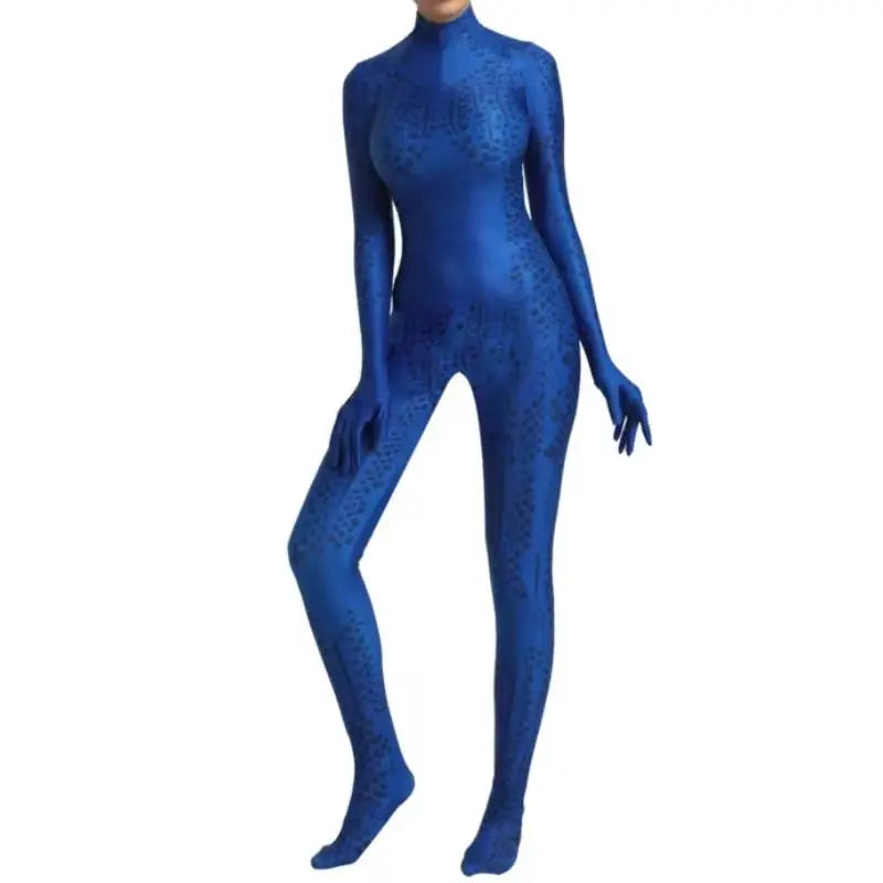 Woman wearing a blue full body Halloween costume bodysuit with navy scale print, attached gloves and feet - view 2