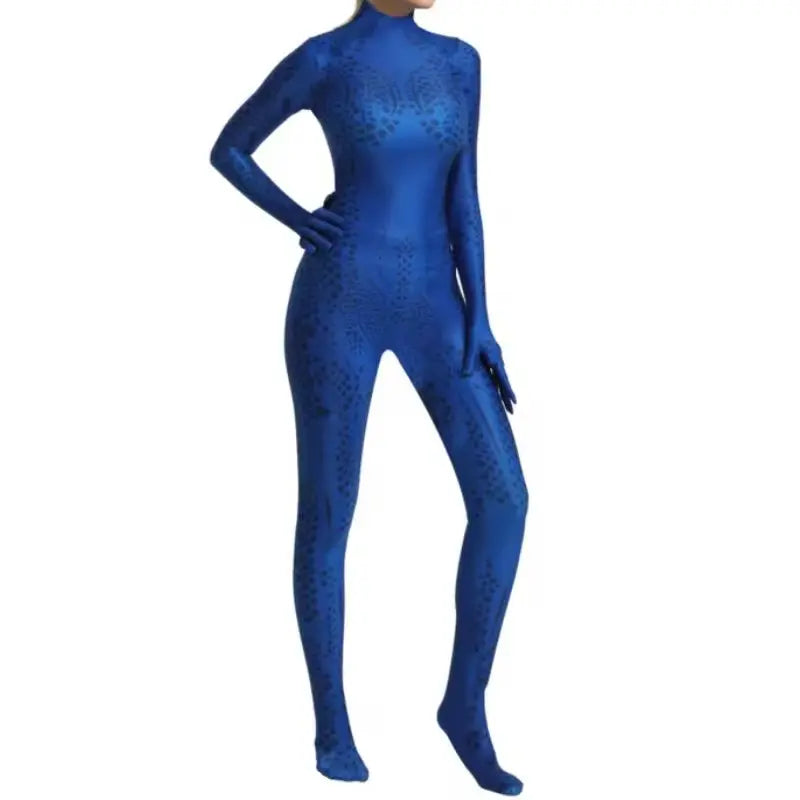 Woman wearing a blue full body Halloween costume bodysuit with navy scale print, attached gloves and feet - view 3