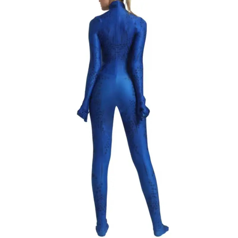 Woman wearing a blue full body Halloween costume bodysuit with navy scale print, attached gloves and feet - view 5