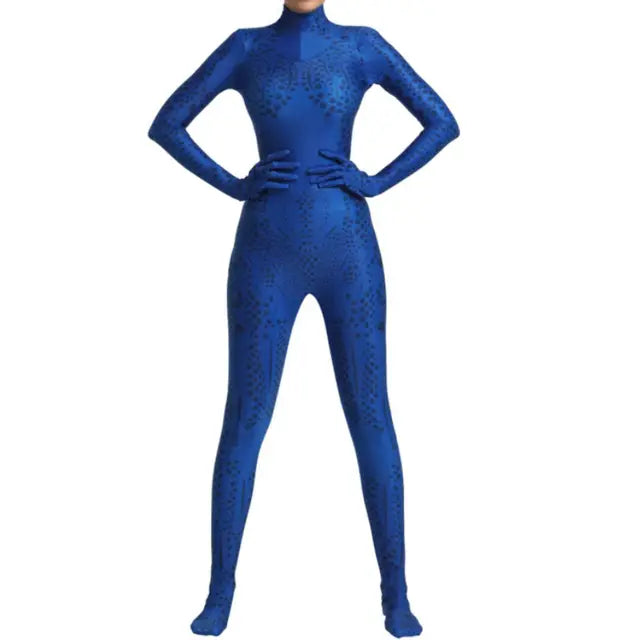 Woman wearing a blue full body Halloween costume bodysuit with navy scale print, attached gloves and feet - view 7