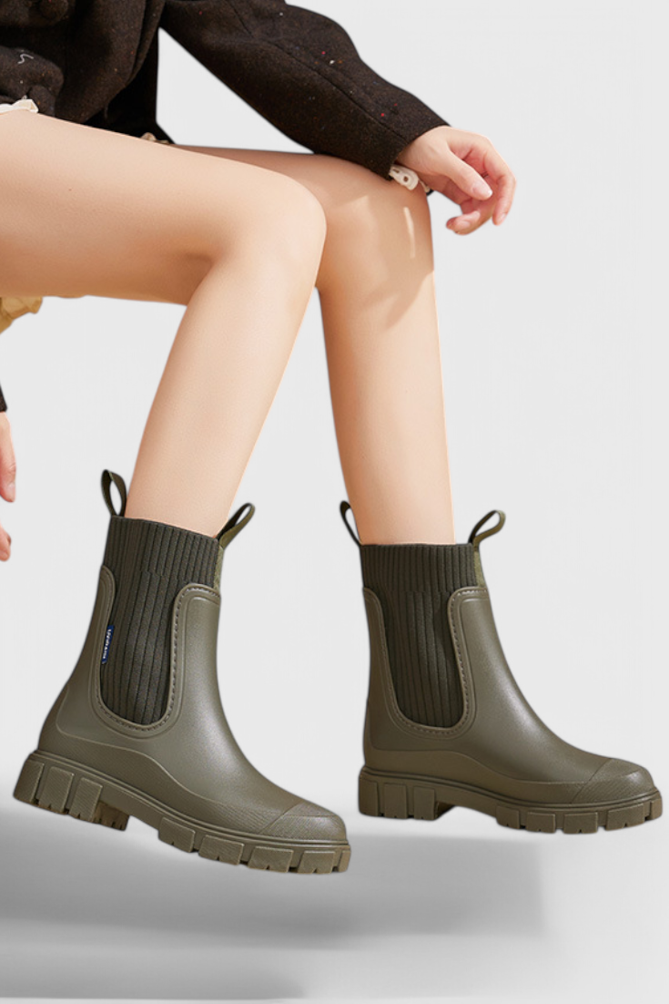 Lug sole Chelsea boots for women with tall ribbed knit collar and pull tabs - view 10
