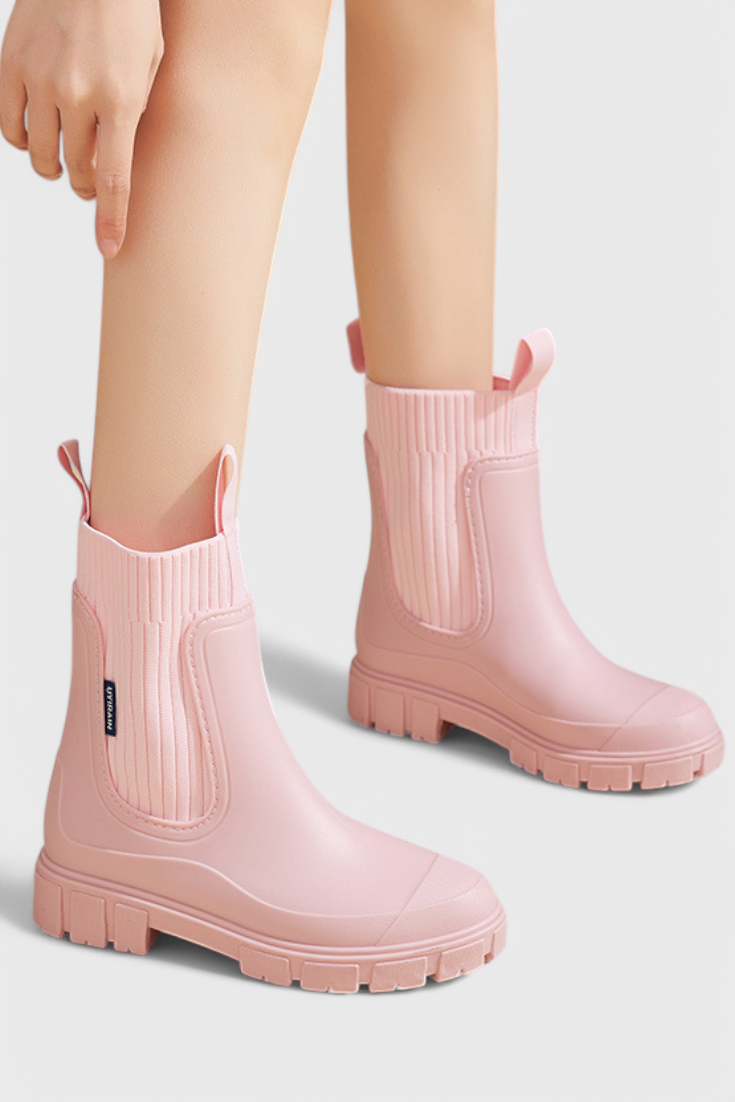 Lug sole Chelsea boots for women with tall ribbed knit collar and pull tabs - view 12