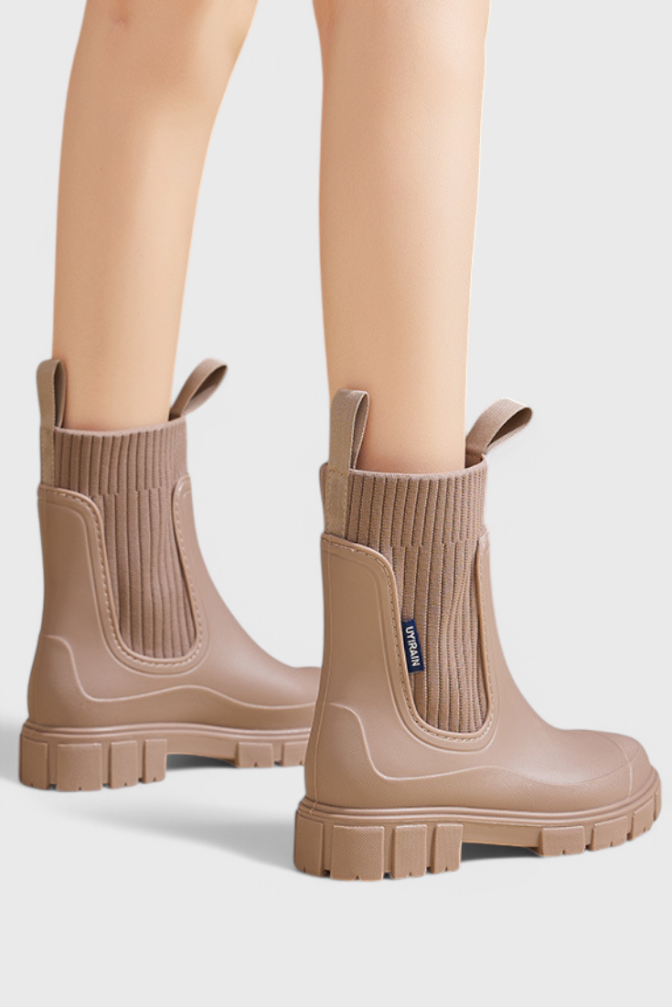 Lug sole Chelsea boots for women with tall ribbed knit collar and pull tabs - view 13