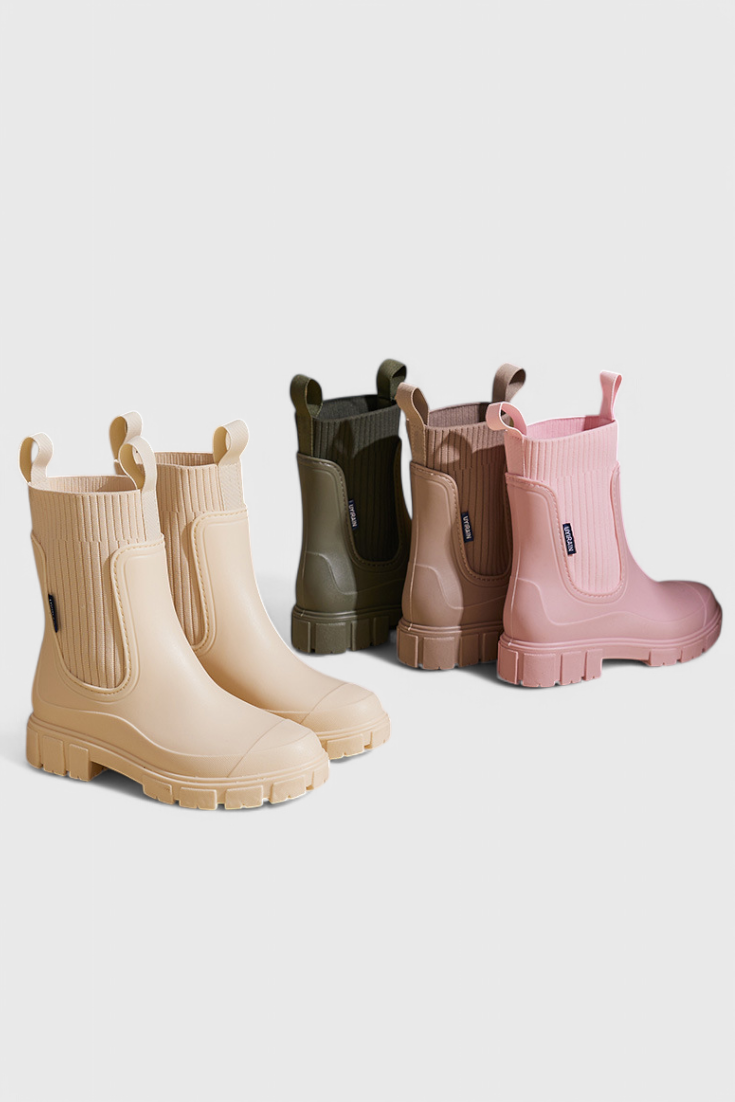 Lug sole Chelsea boots for women with tall ribbed knit collar and pull tabs - view 14