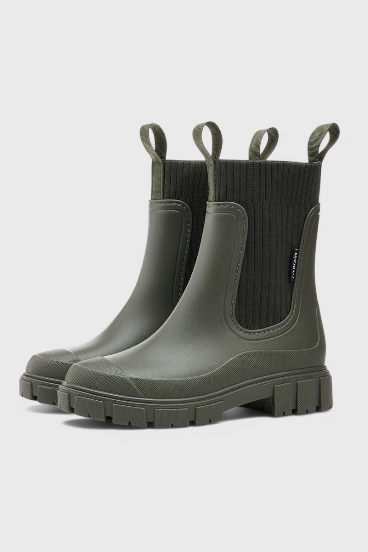 Lug sole Chelsea boots for women with tall ribbed knit collar and pull tabs - view 3