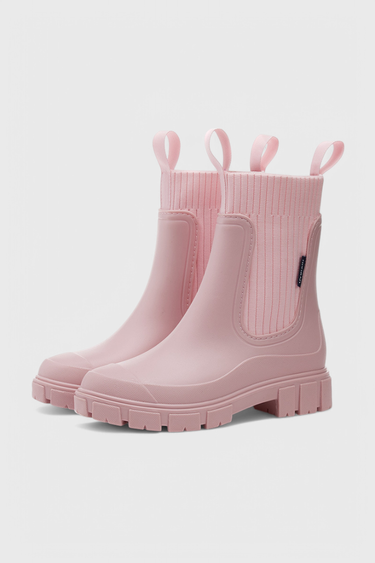 Lug sole Chelsea boots for women with tall ribbed knit collar and pull tabs - view 4