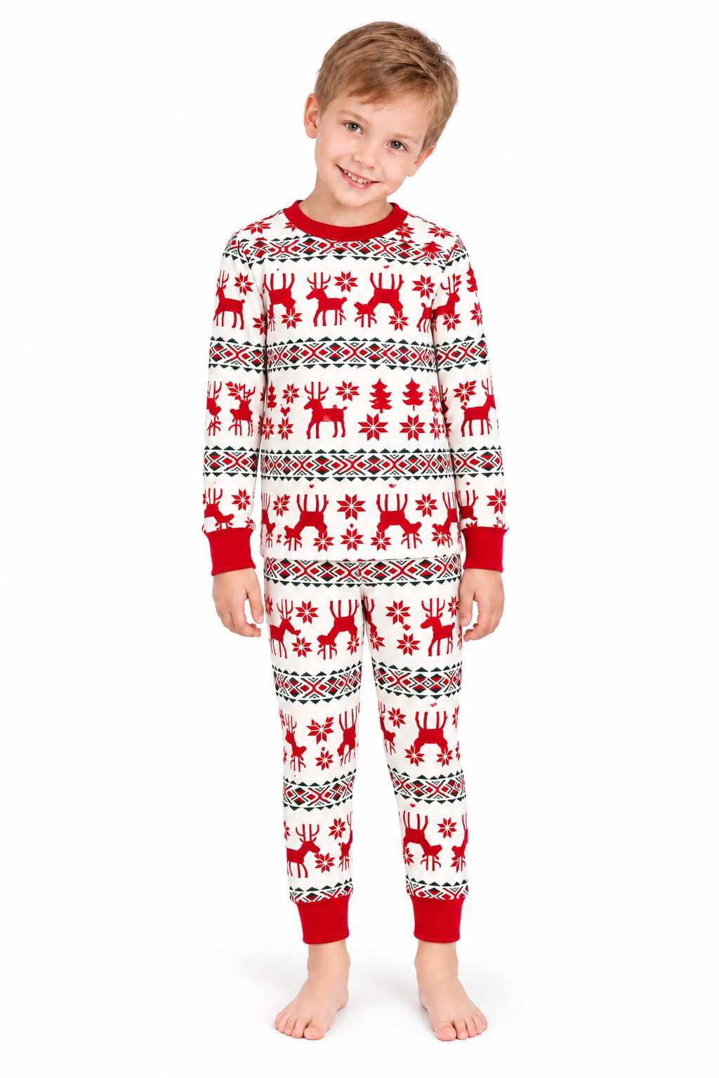 Family wearing matching red and cream reindeer print Christmas pajamas - view 10