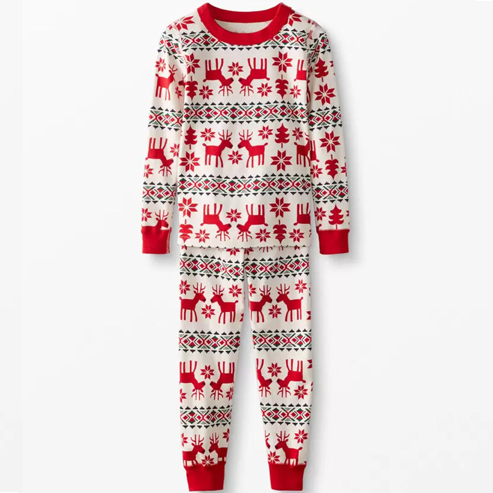 Family wearing matching red and cream reindeer print Christmas pajamas - view 13